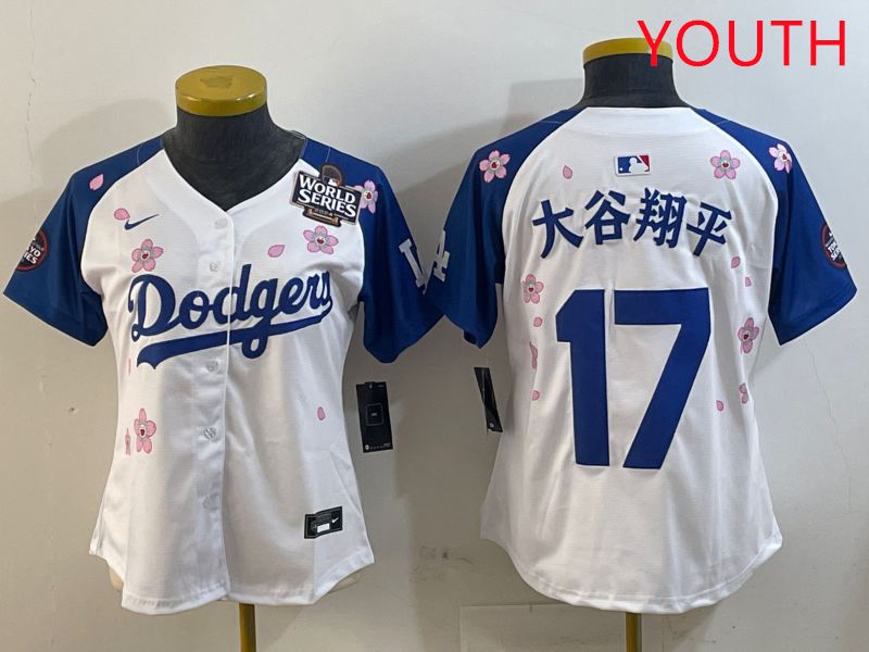 Youth Los Angeles Dodgers #17 Ohtani White Blue Sakura Edition 2025 Nike MLB Jersey style 16